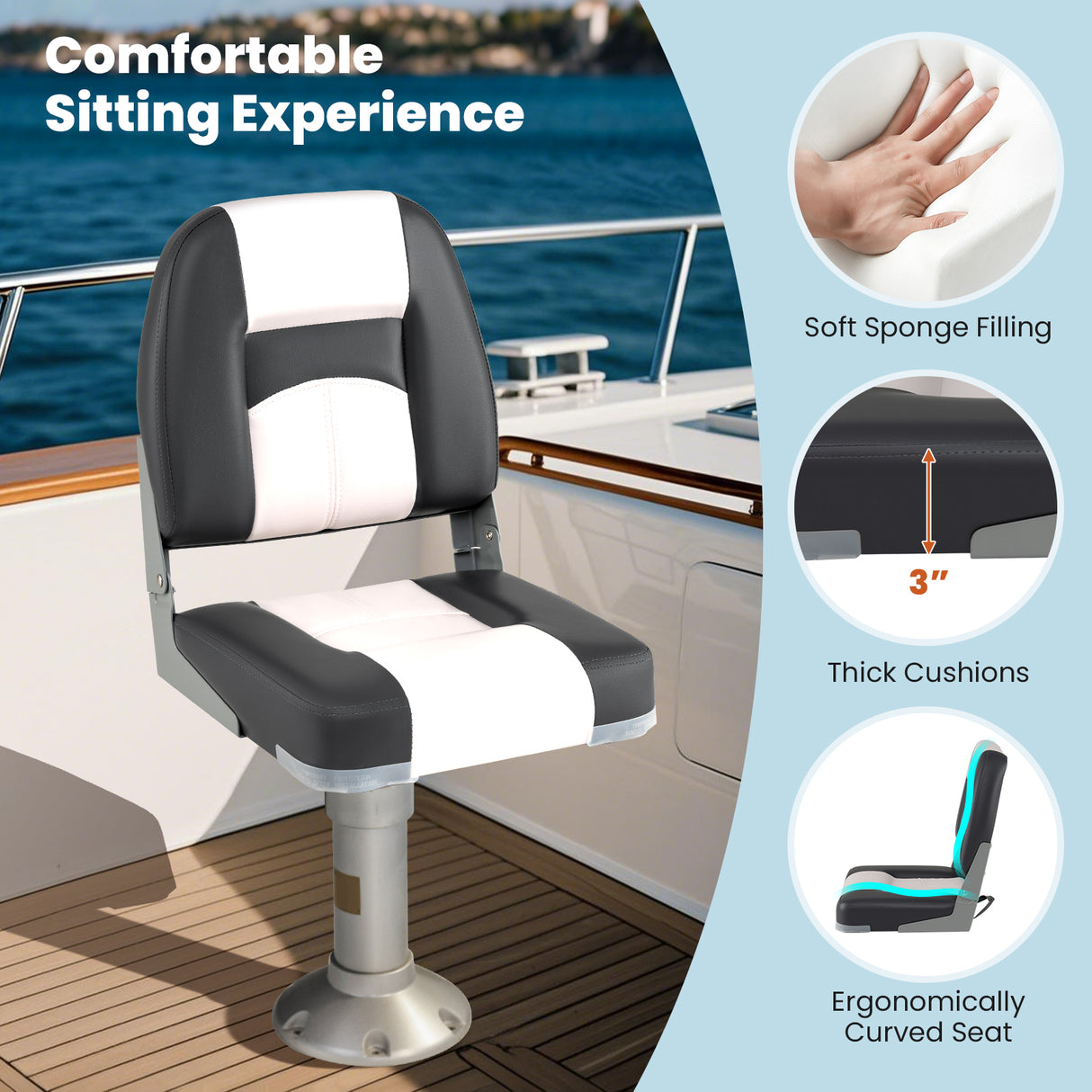 2-Pack Boat Seats with Thick Sponge Padding and Fixing Bolts-Gray
