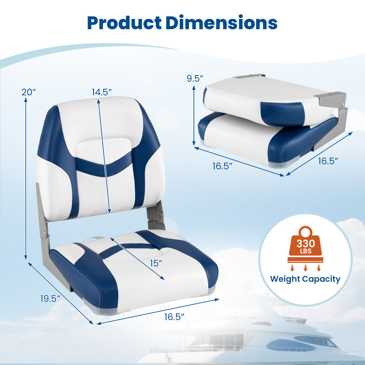 2-Pack Boat Seats with Fixing Bolts and Hinges-Blue