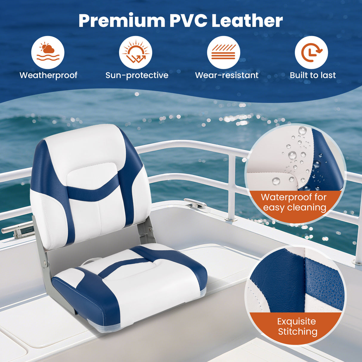 2-Pack Boat Seats with Fixing Bolts and Hinges-Blue