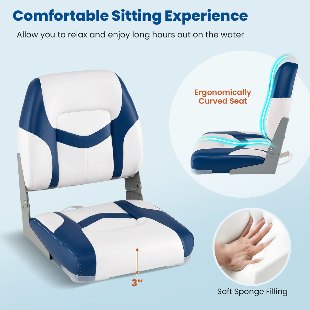 2-Pack Boat Seats with Fixing Bolts and Hinges-Blue