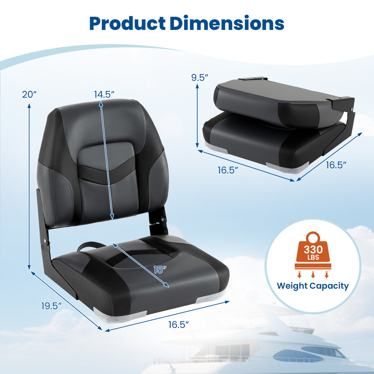 2-Pack Boat Seats with Fixing Bolts and Hinges-Black