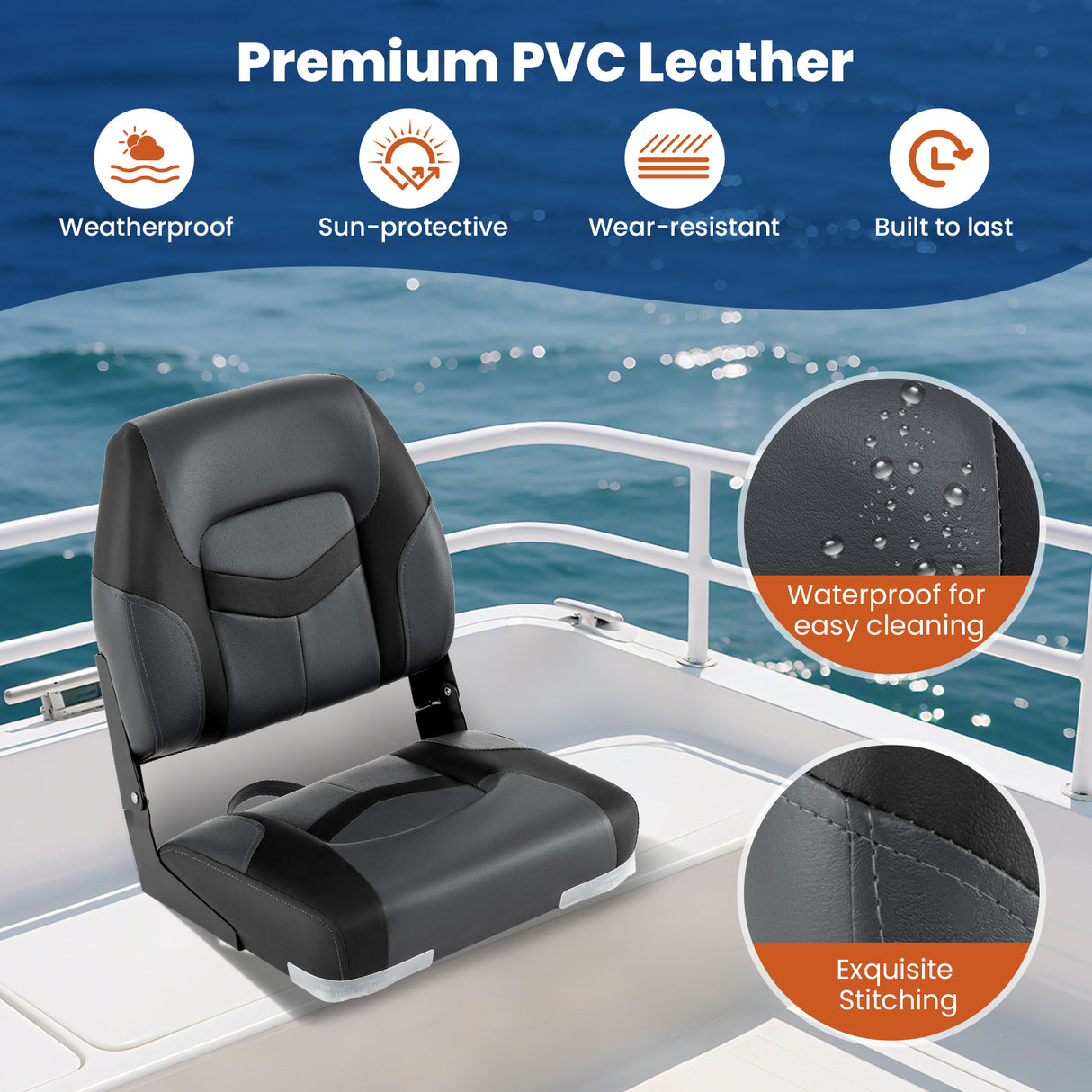 2-Pack Boat Seats with Fixing Bolts and Hinges-Black
