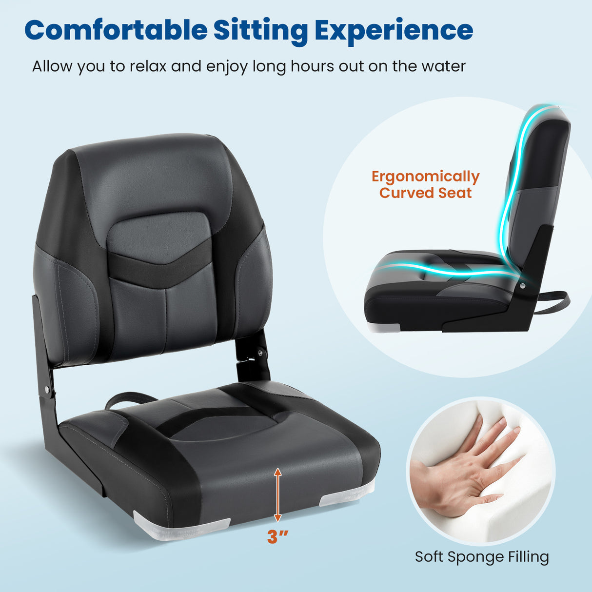 2-Pack Boat Seats with Fixing Bolts and Hinges-Black