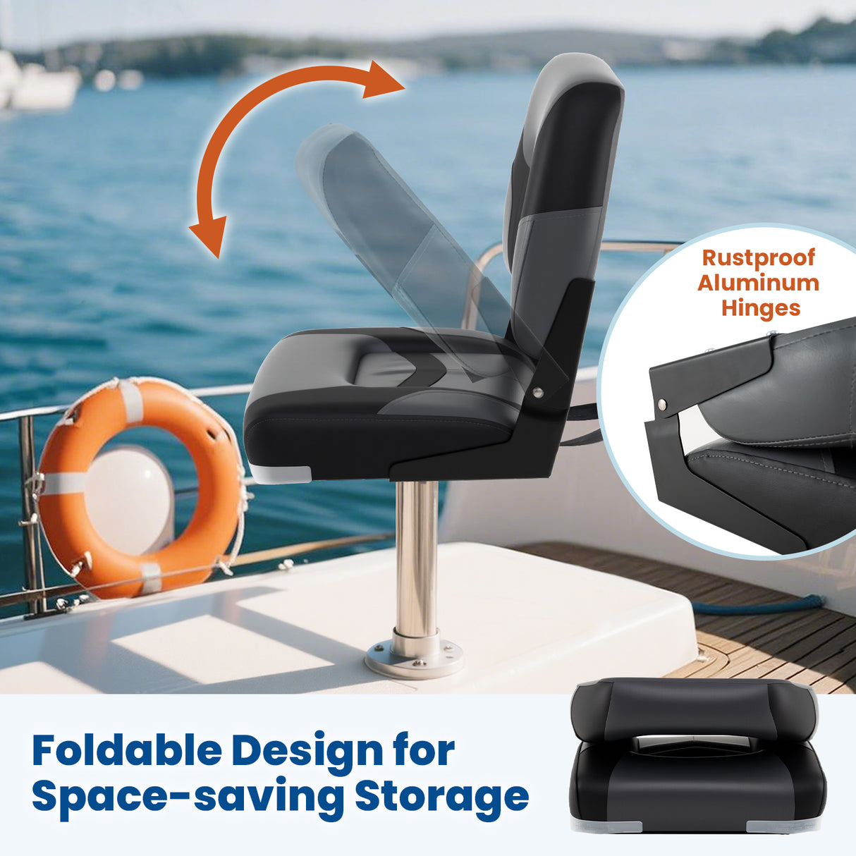 2-Pack Boat Seats with Fixing Bolts and Hinges-Black