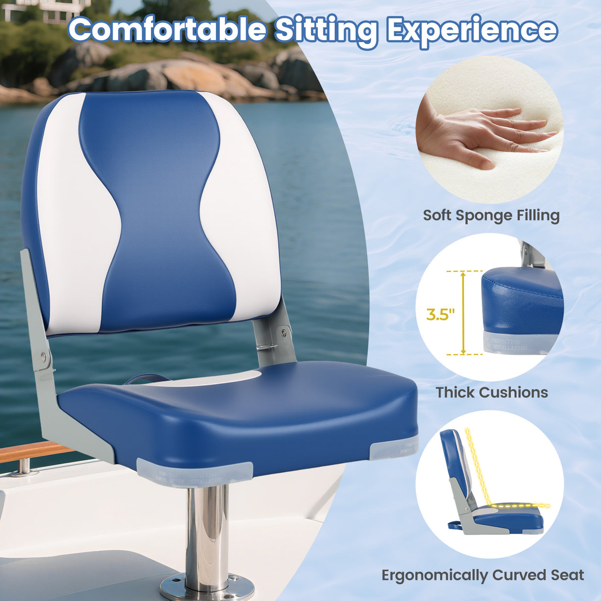 2-Pack Boat Seats with Thick Sponge Padding-Blue