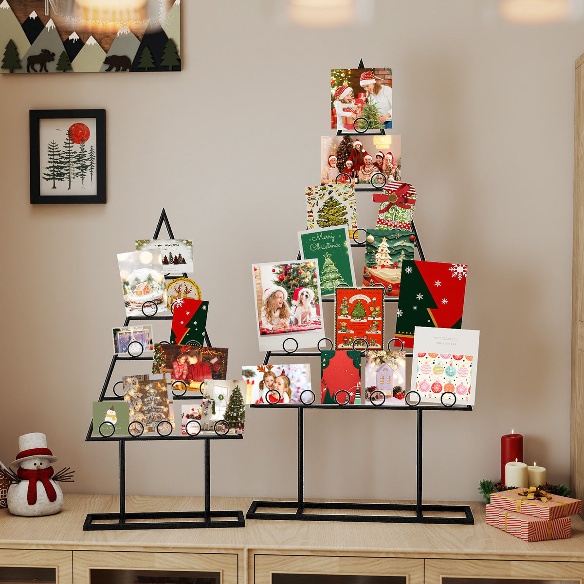 2 Pack Christmas Tree Photo Holder with 36 Round Clips and Metal Hanging Rack-Black
