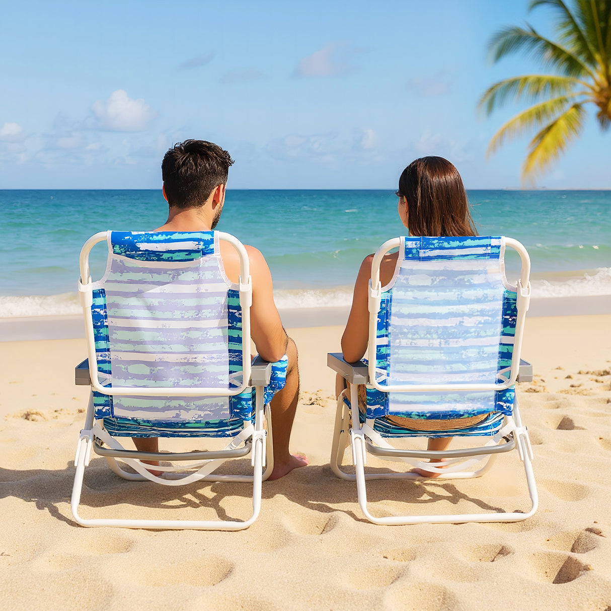 2 Pack Folding Beach Chair with Adjustable Positions and Head Pillow-Blue
