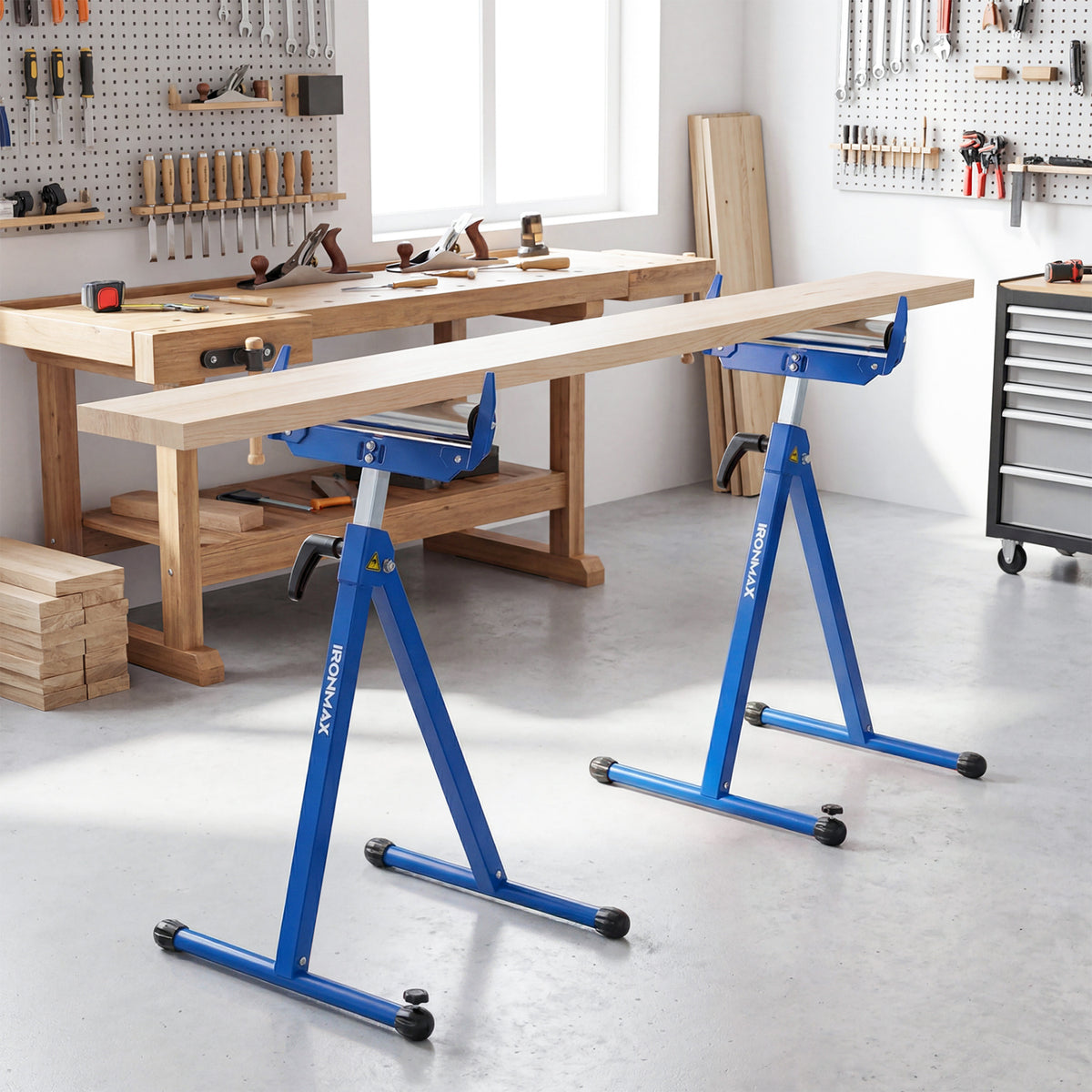 2-Pack Folding Roller Stands Portable Outfeed Supports with Adjustable Height-Blue