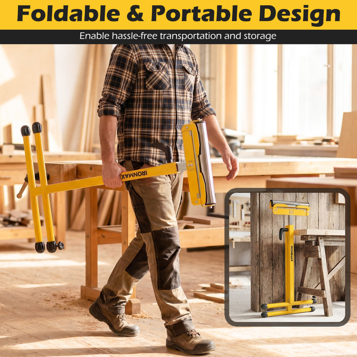 2-Pack Folding Roller Stands Portable Outfeed Supports with Adjustable Height-Yellow