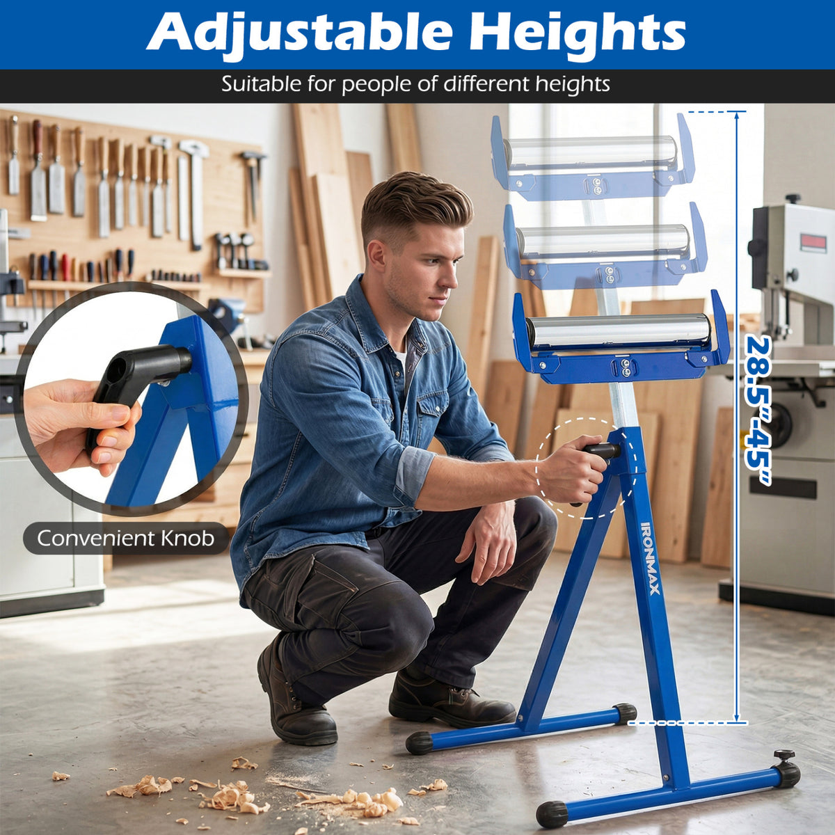 2-Pack Folding Roller Stands Portable Outfeed Supports with Adjustable Height-Blue
