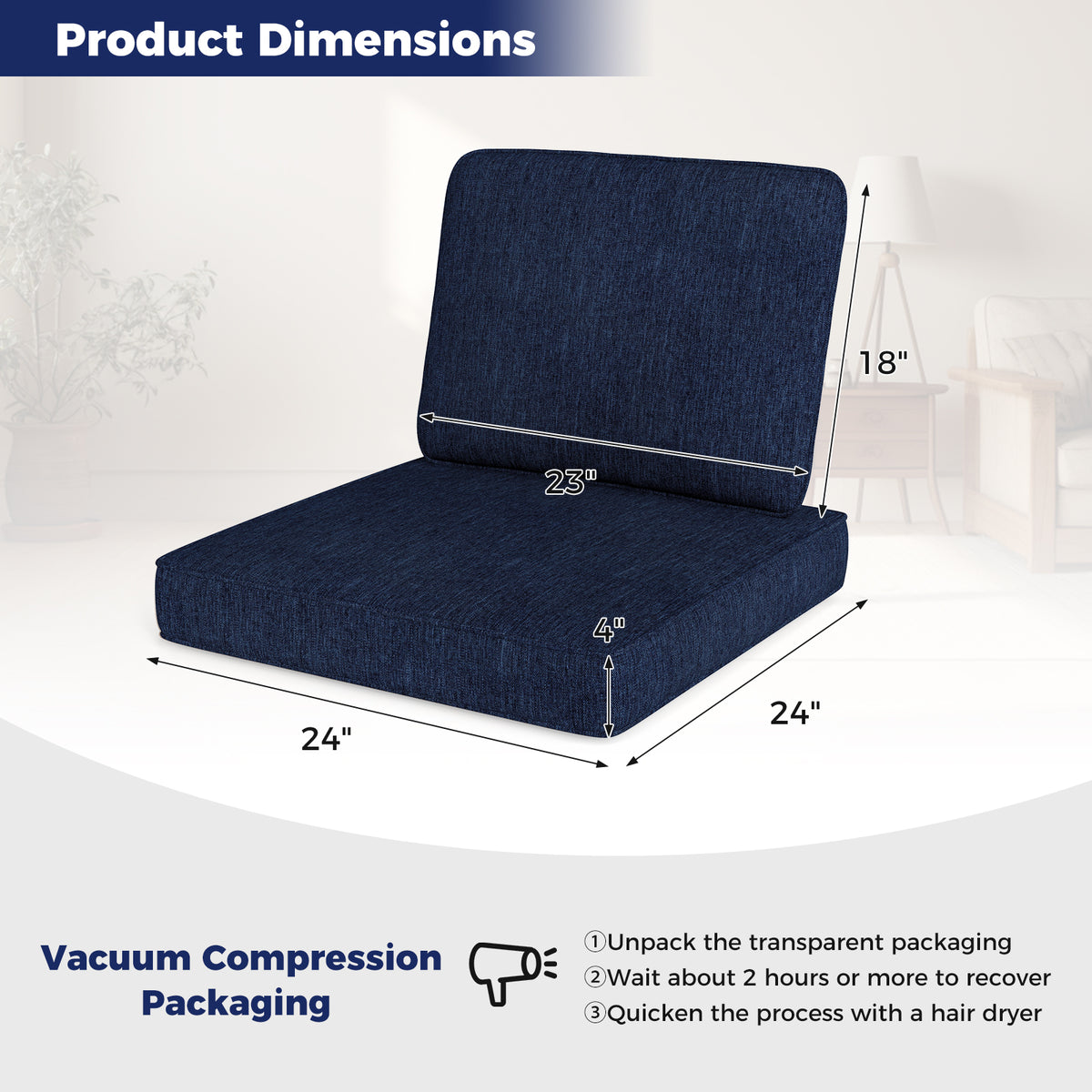 2-Pack Outdoor Patio Cushion Set with Removable Covers-Navy