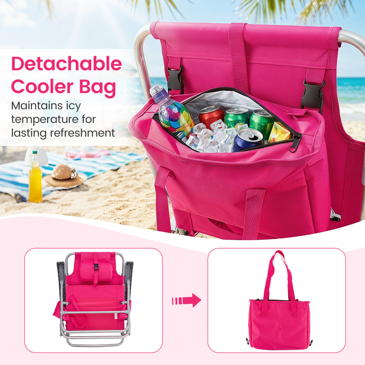 2 Pack Portable Folding Beach Chair with 7-Position Backrest-Pink