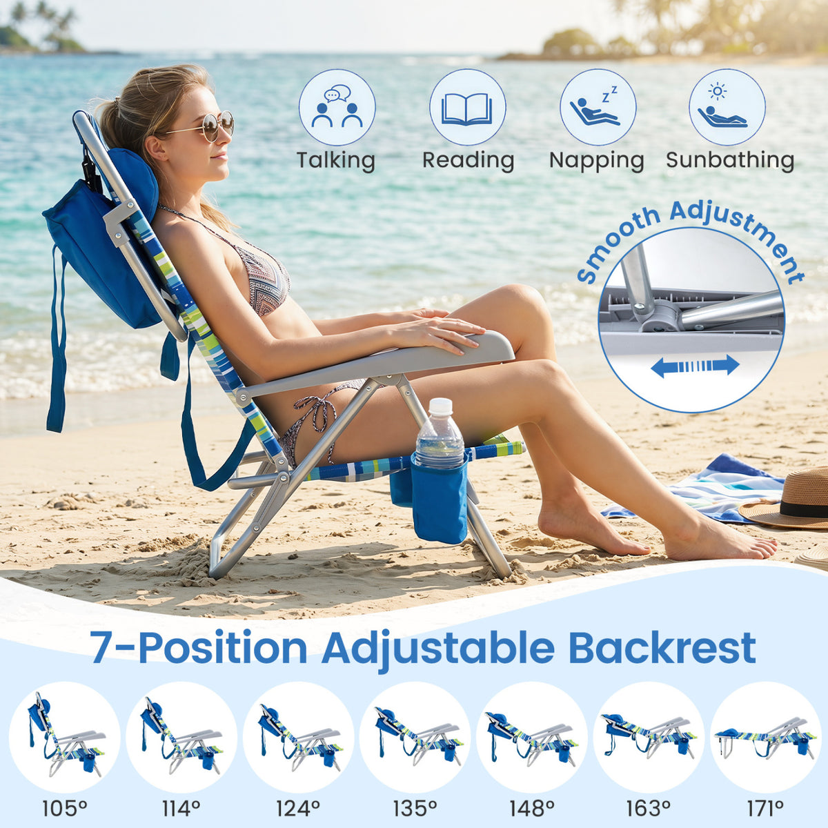 2 Pack Portable Folding Beach Chair with 7-Position Backrest-Blue