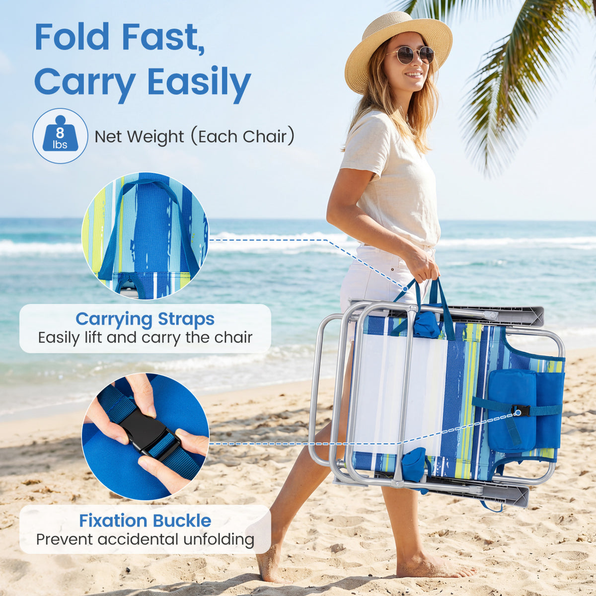 2 Pack Portable Folding Beach Chair with 7-Position Backrest-Blue