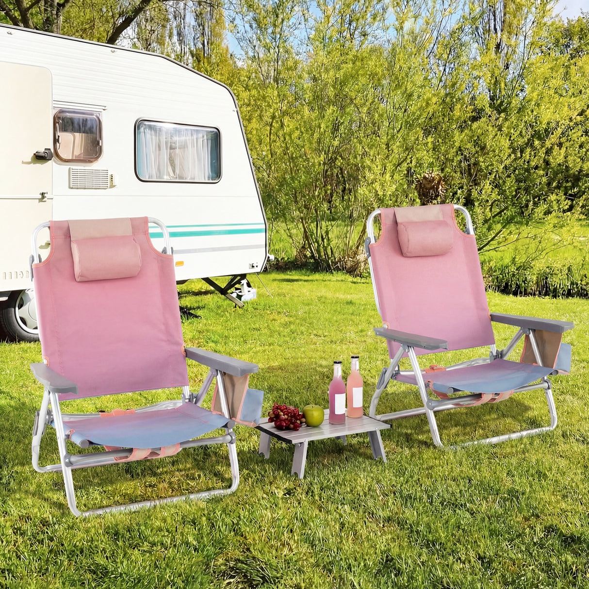 2 Packs 5-Position Outdoor Folding Backpack Beach Table Chair Reclining Chair Set-Pink