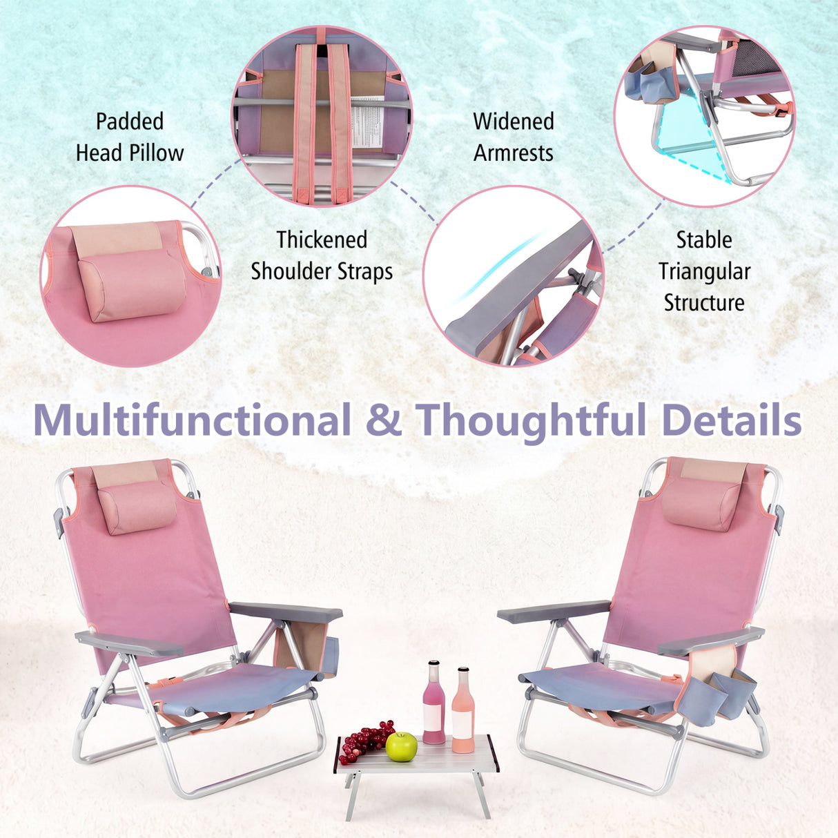 2 Packs 5-Position Outdoor Folding Backpack Beach Table Chair Reclining Chair Set-Pink