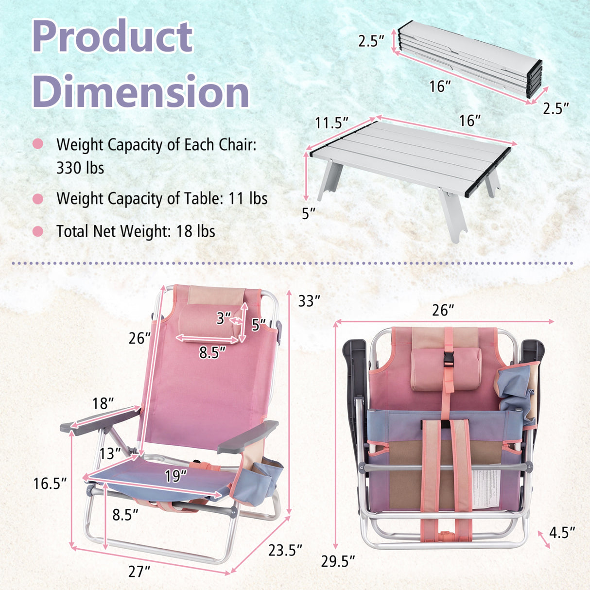 2 Packs 5-Position Outdoor Folding Backpack Beach Table Chair Reclining Chair Set-Pink