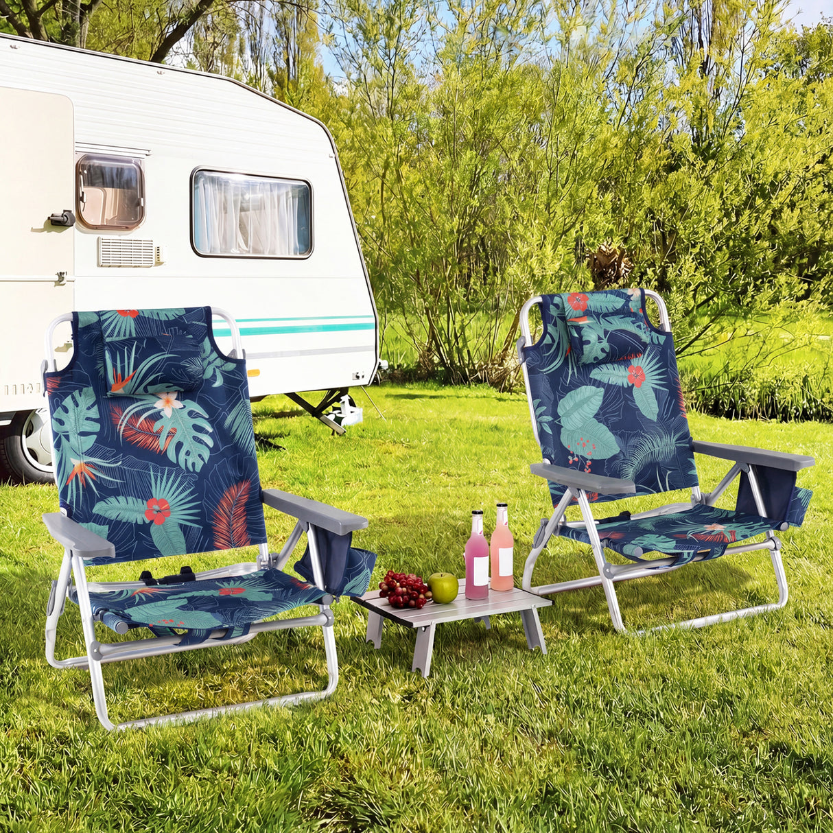 2 Packs 5-Position Outdoor Folding Backpack Beach Table Chair Reclining Chair Set-Green