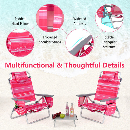 2 Packs 5-Position Outdoor Folding Backpack Beach Table Chair Reclining Chair Set-Hot Pink