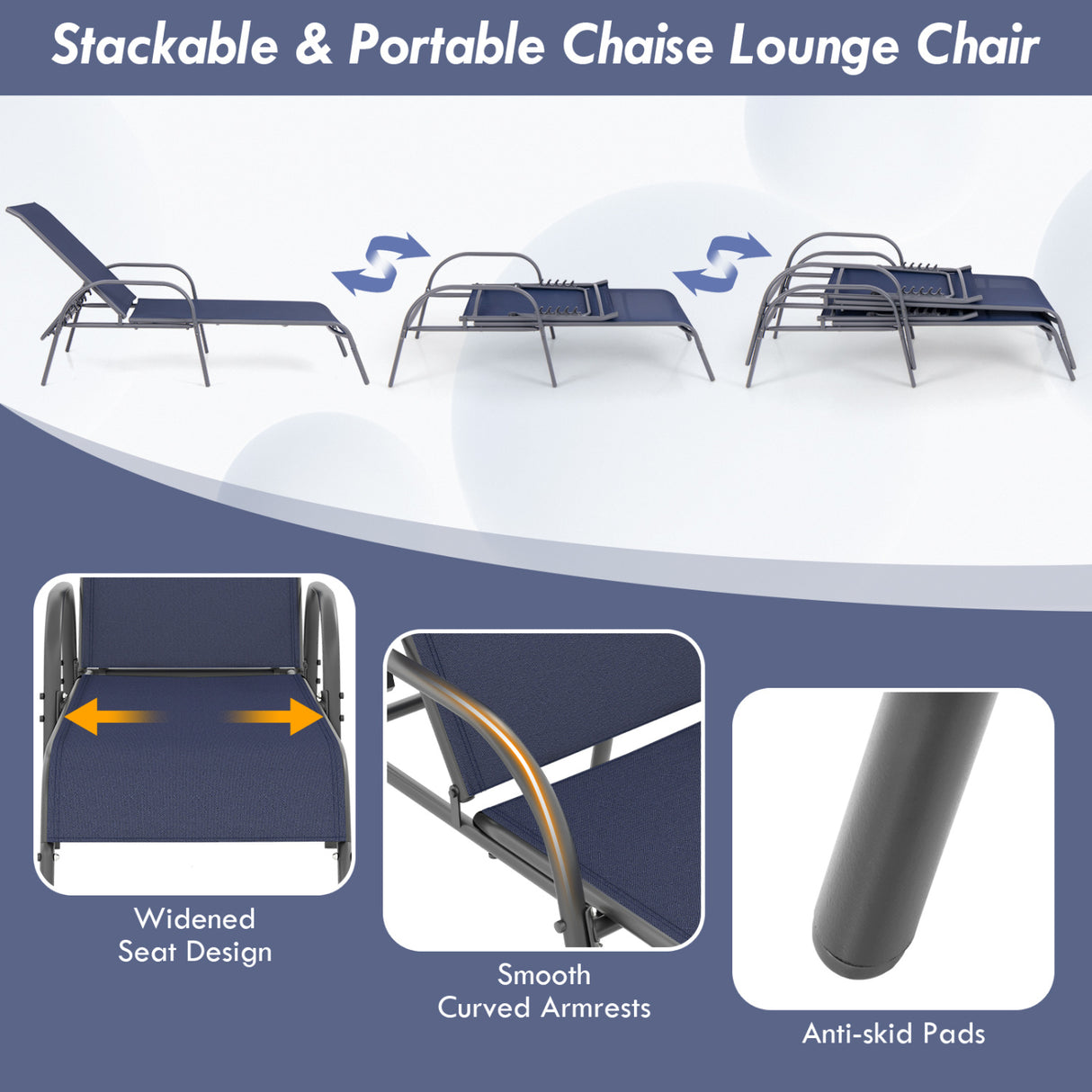 2 Pcs Outdoor Patio Lounge Chair Chaise Fabric with Adjustable Reclining Armrest-Navy