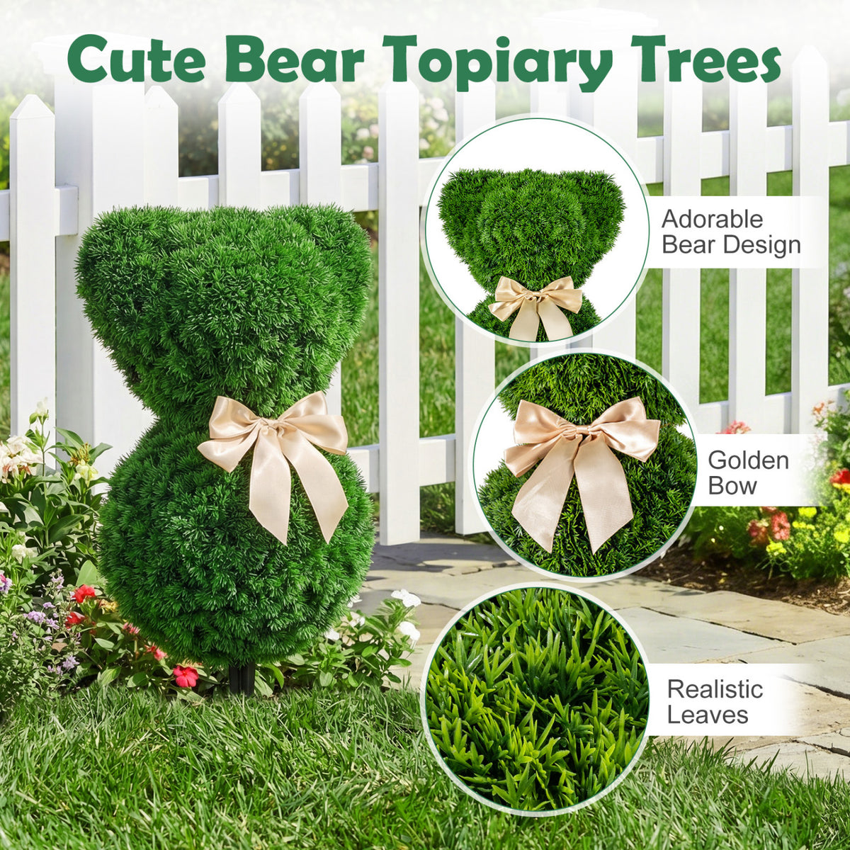 2 Pieces Teddy Bear Topiary Trees Sun-resistant Faux Boxwood Plants with Bowknot