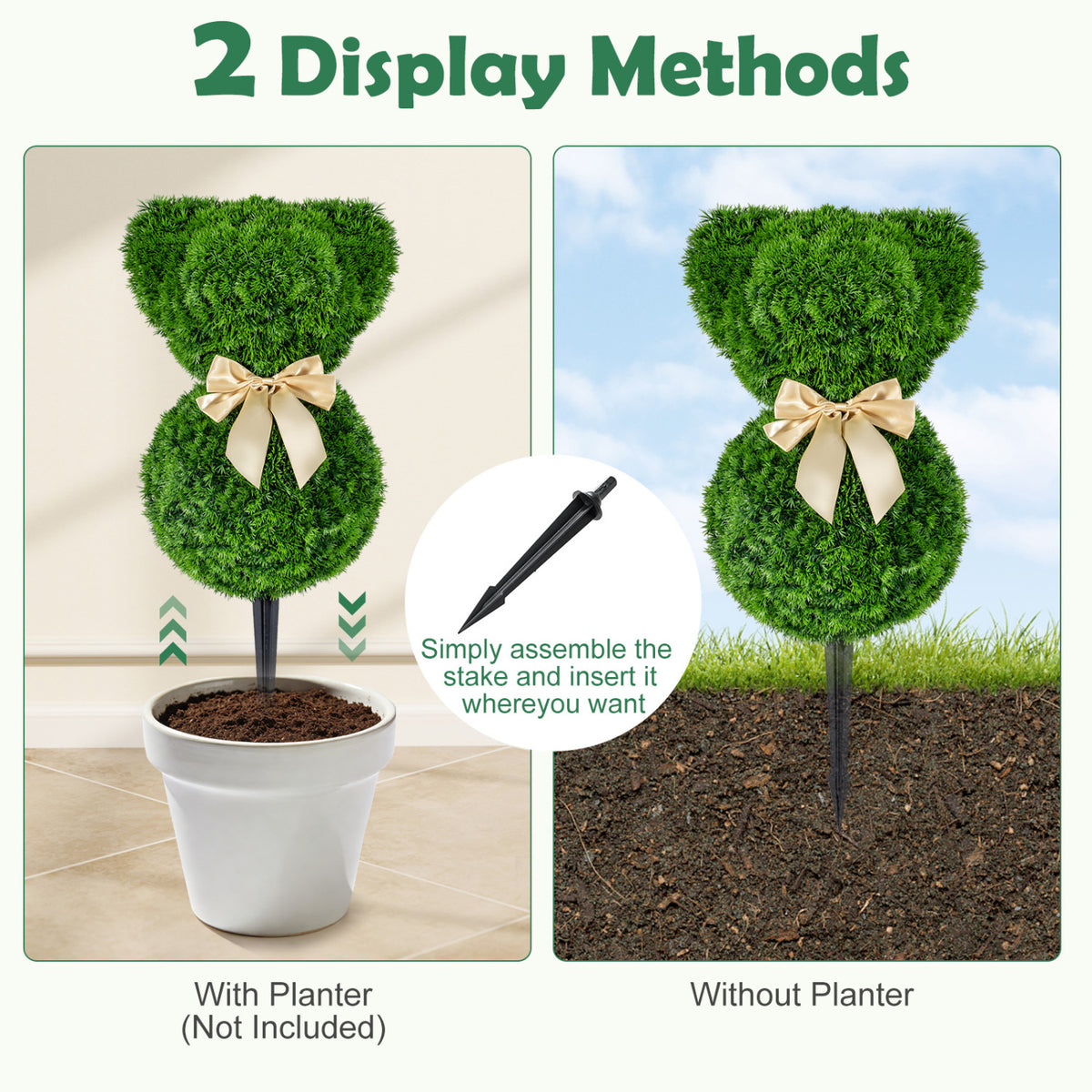 2 Pieces Teddy Bear Topiary Trees Sun-resistant Faux Boxwood Plants with Bowknot