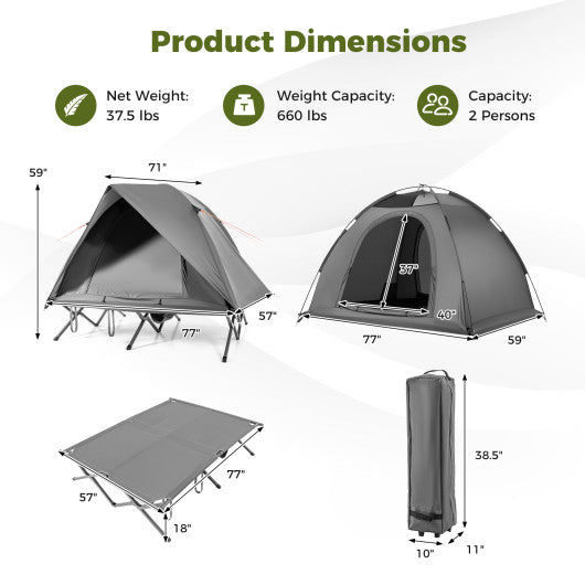 2-Person Camping Cot Tent Foldable Off-Ground Camping Combo for Adults-Grey