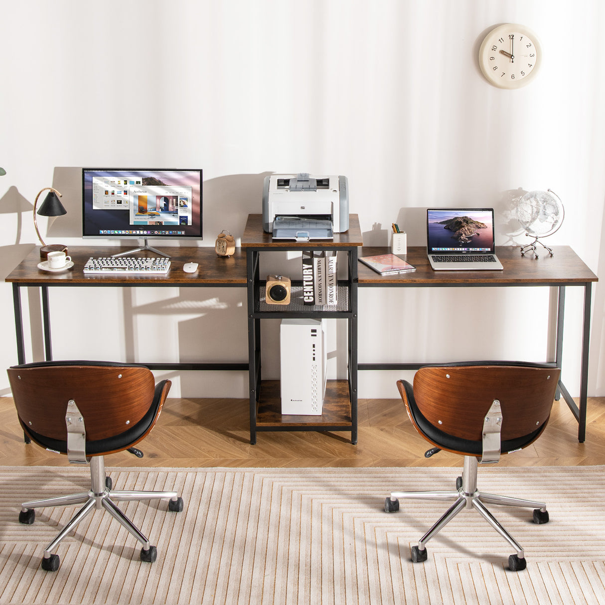 2-Person Computer Desk with Power Outlet and Printer Stand-Rustic Brown