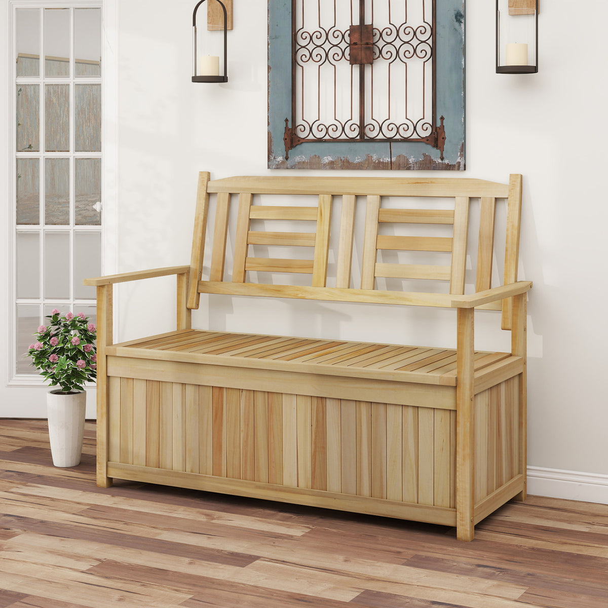 2-Person Garden Bench with 49 Gal Storage Bench and Backrest -Natural