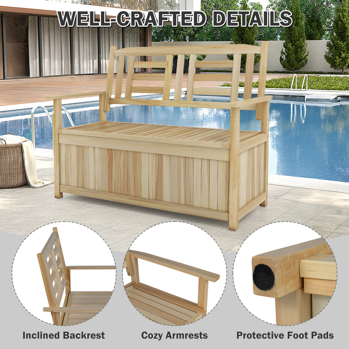 2-Person Garden Bench with 49 Gal Storage Bench and Backrest -Natural