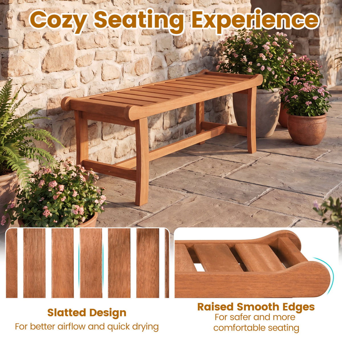 2-Person Outdoor Wood Bench with Slatted Seat and Raised Edges-Set of 2