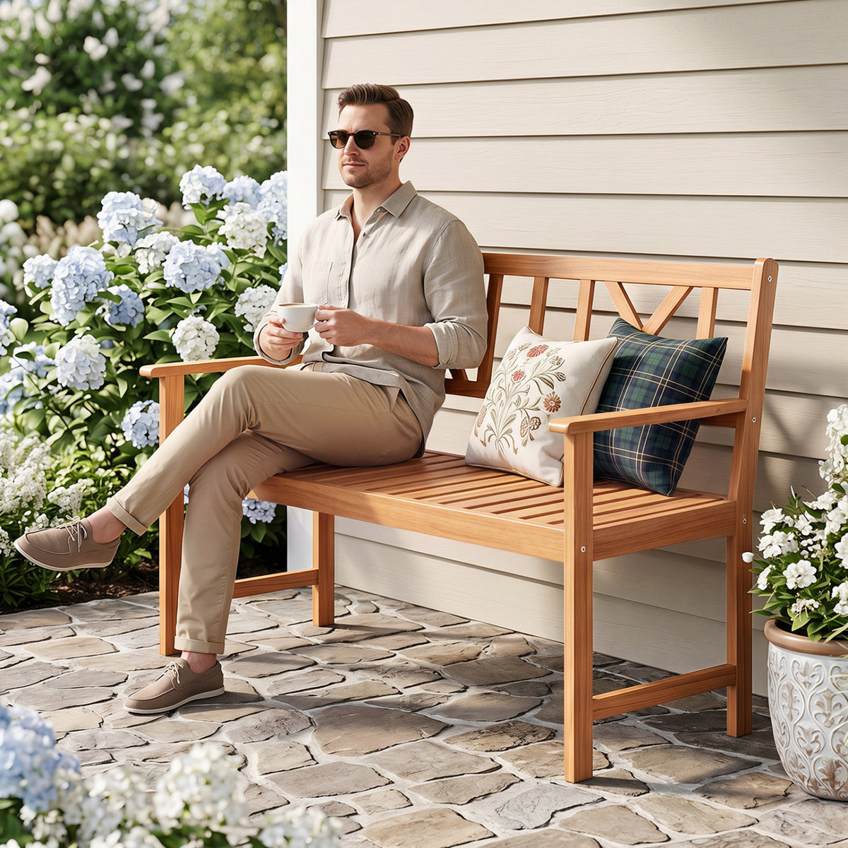 2-Person Patio Acacia Wood Garden Chair with Armrests and X-Shaped Backrest for Garden