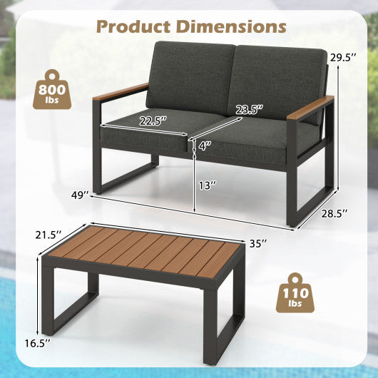 2 Piece Patio Aluminum Furniture Set with Wood-Plastic Armrests and Tabletop-Gray