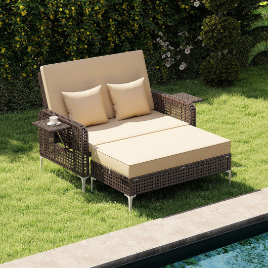 2 Piece Patio Rattan Daybed Wicker Loveseat and Ottoman with Adjustable Backrest-Brown