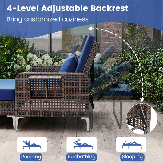 2 Piece Patio Rattan Daybed Wicker Loveseat and Ottoman with Adjustable Backrest-Brown