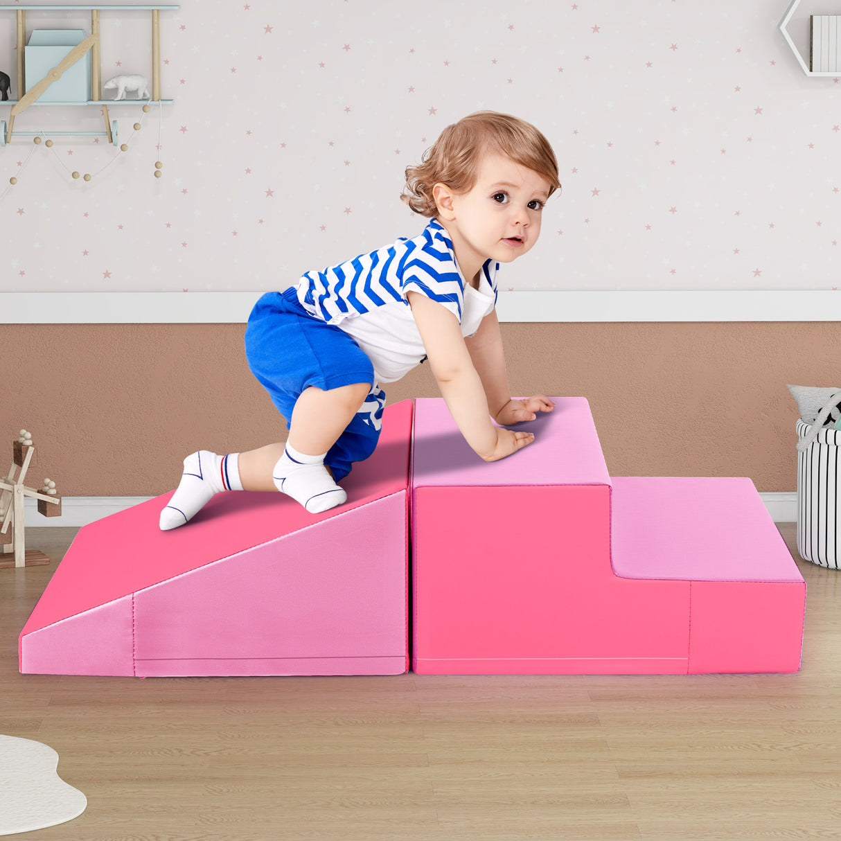 2-Piece Step and Slide Climber for Infants and Toddlers Baby Soft Play Set Foam Blocks-Pink