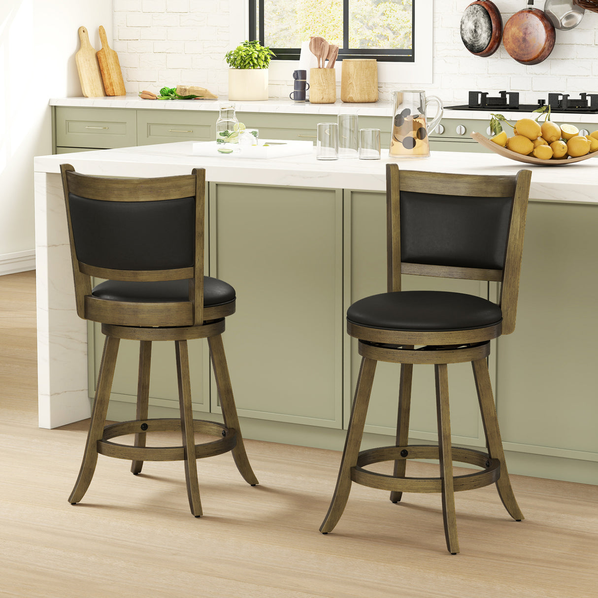 2 Pieces 24 Inch Swivel Counter Stool Dining Chair Upholstered Seat-Gray