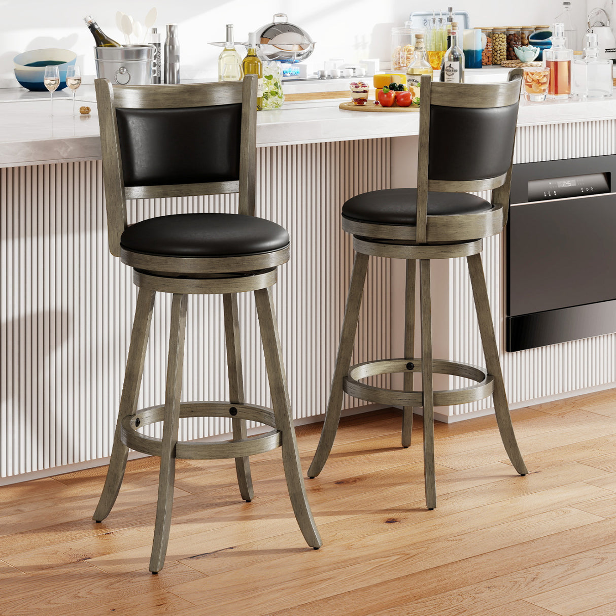 2 Pieces 29 Inch Wooden Swivel Height Bar Stool with PVC Cushioned Seat-Gray