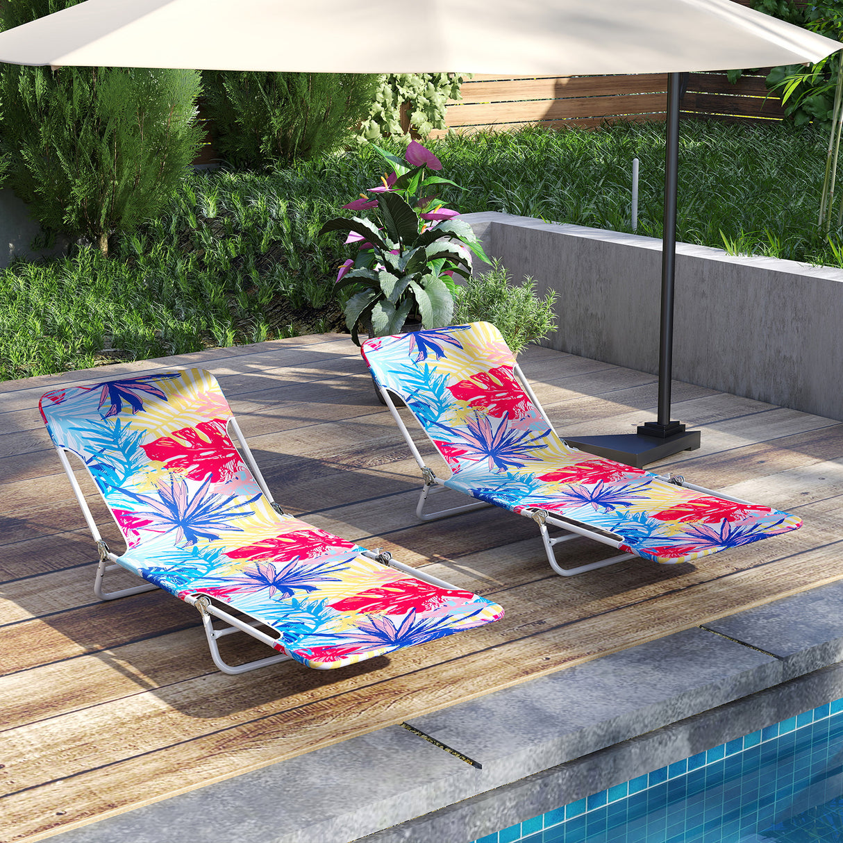 2 Pieces 5-position Lay Flat Beach Recliner with Carry Strap and Metal Frame-Pink