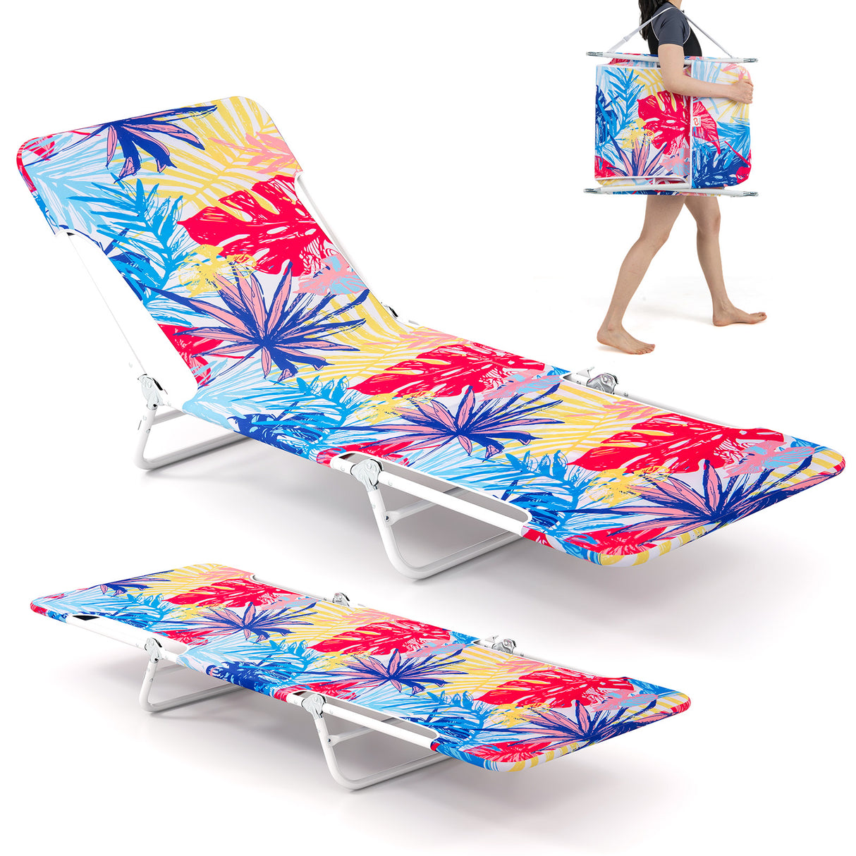 2 Pieces 5-position Lay Flat Beach Recliner with Carry Strap and Metal Frame-Pink