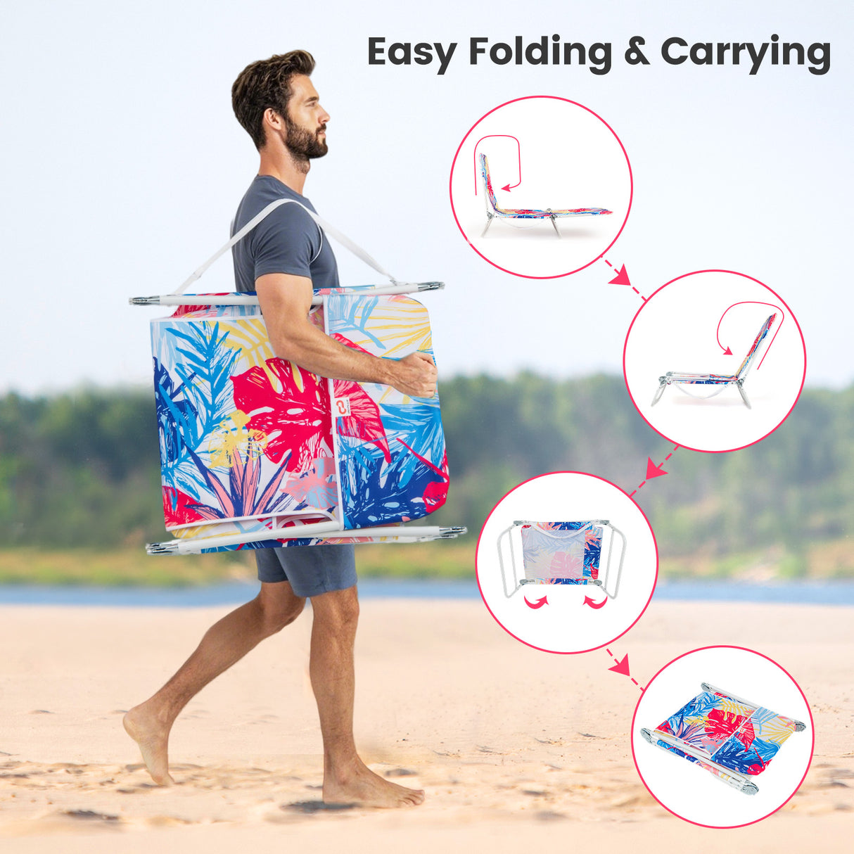 2 Pieces 5-position Lay Flat Beach Recliner with Carry Strap and Metal Frame-Pink