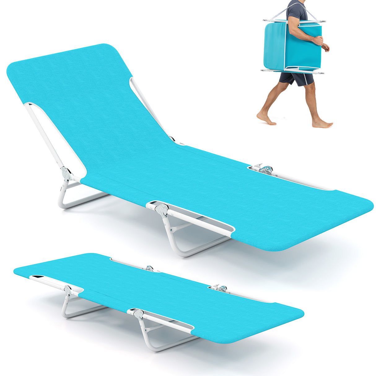 2 Pieces 5-position Lay Flat Beach Recliner with Carry Strap and Metal Frame-Navy