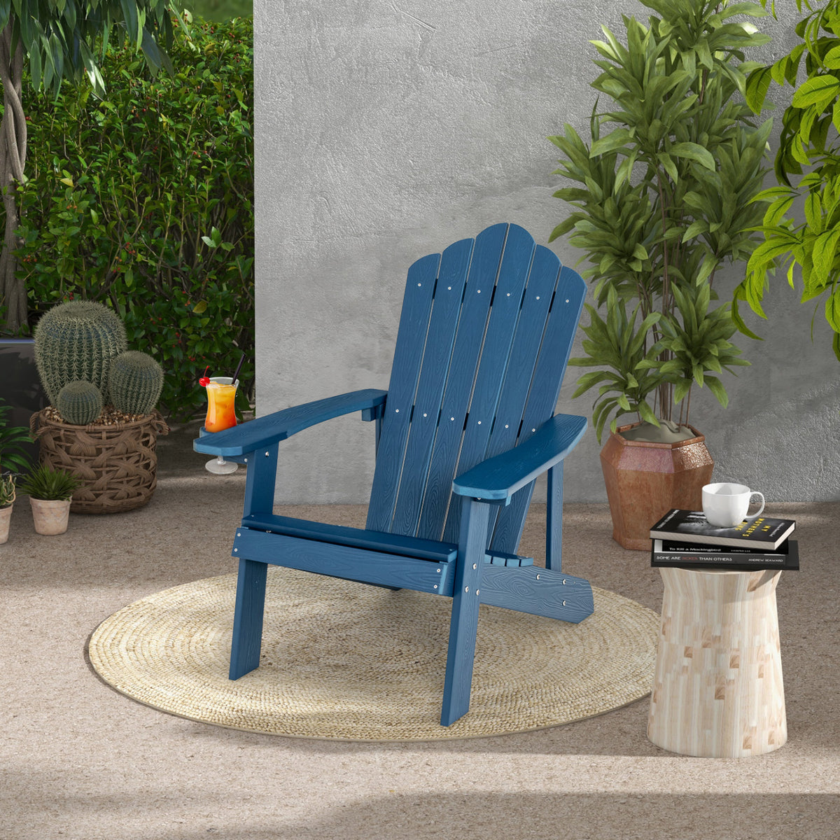 2 Pieces Adirondack Chair Set with Ergonomic Design for Porch and Backyard-Navy