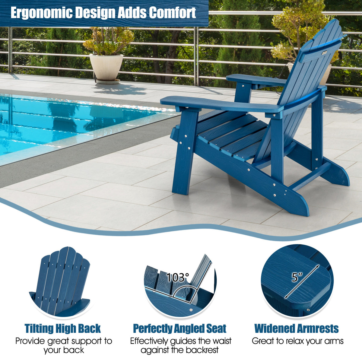 2 Pieces Adirondack Chair Set with Ergonomic Design for Porch and Backyard-Navy