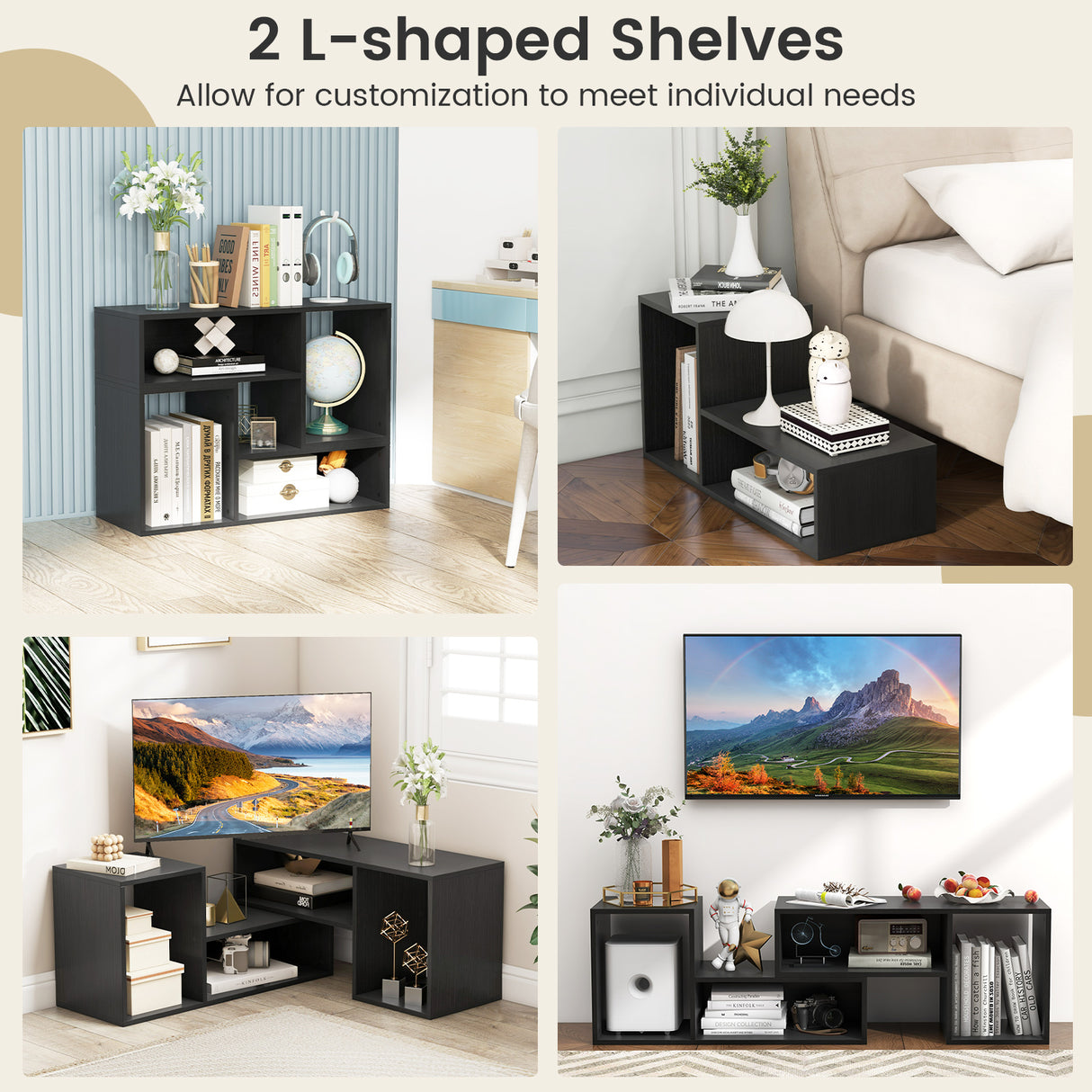 2 Pieces Adjustable TV Stand for TVs up to 55 Inch with Storage Cubes-Black