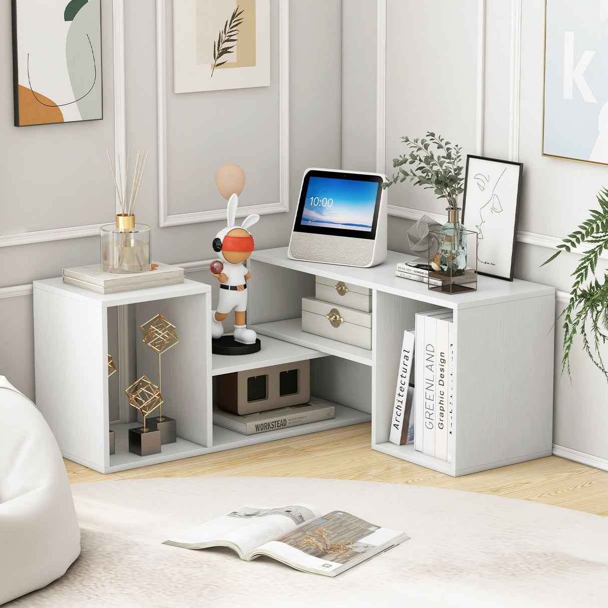 2 Pieces Adjustable TV Stand for TVs up to 55 Inch with Storage Cubes-White
