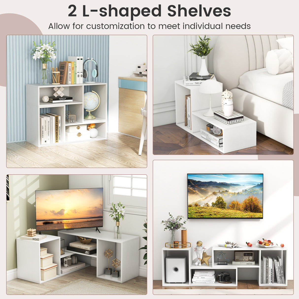 2 Pieces Adjustable TV Stand for TVs up to 55 Inch with Storage Cubes-White