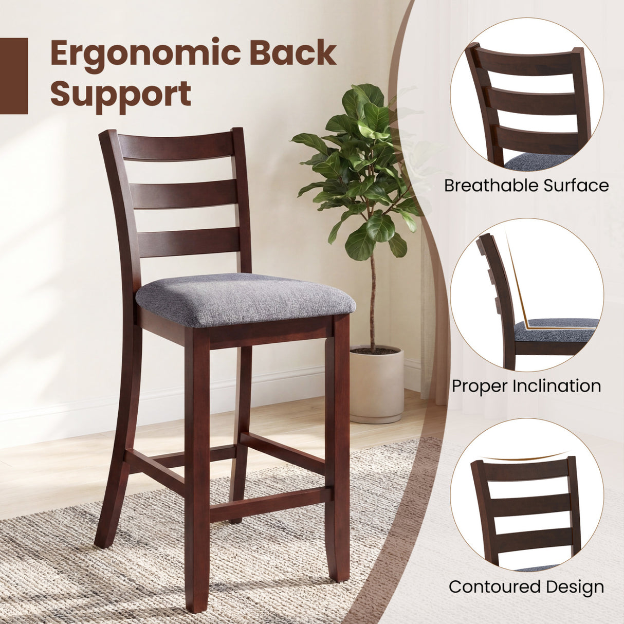 2 Pieces Counter Height Chairs with Fabric Seat and Rubber Wood Legs