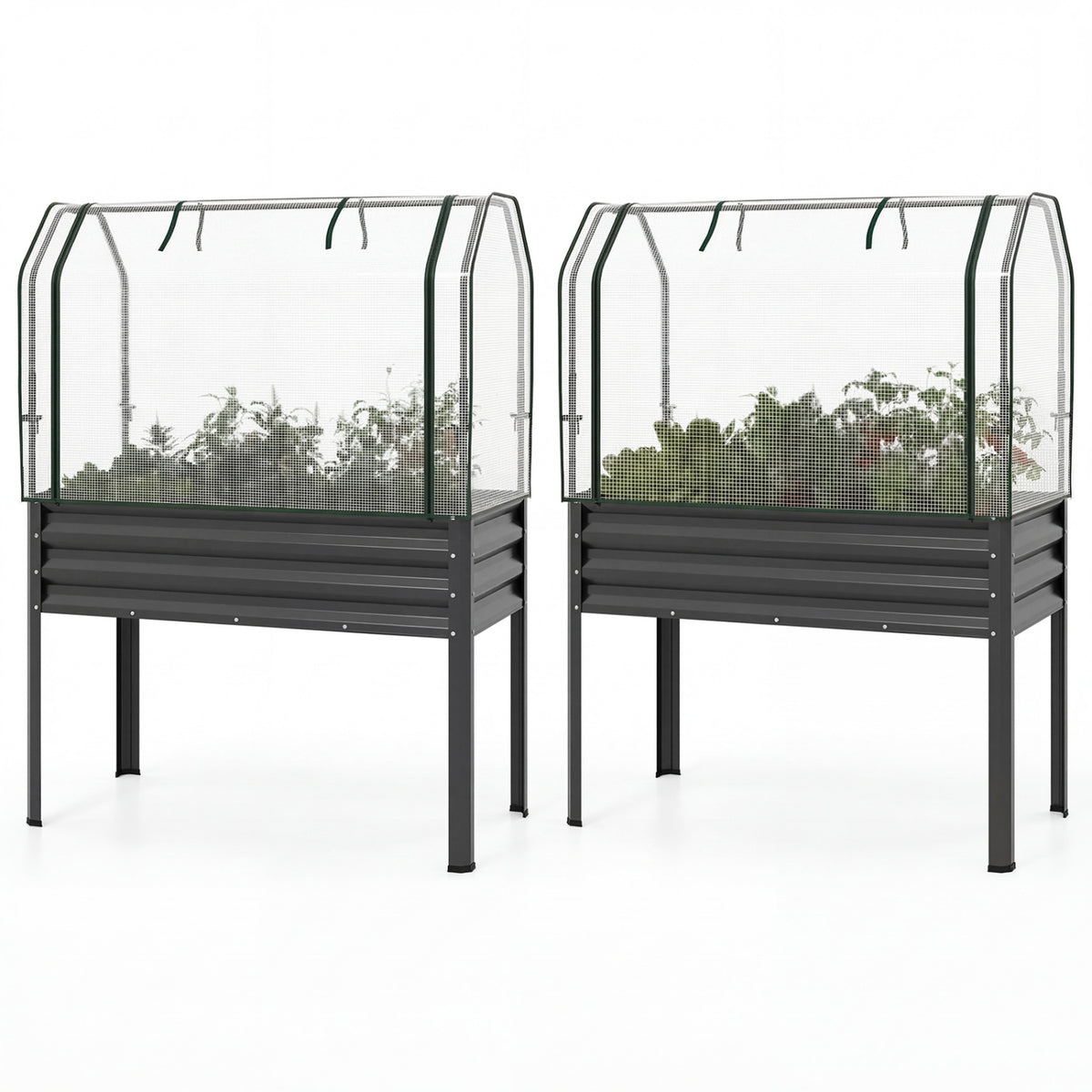 2 Pieces Galvanized Raised Garden Bed with Legs and Greenhouse Cover for Vegetable Flower-Gray