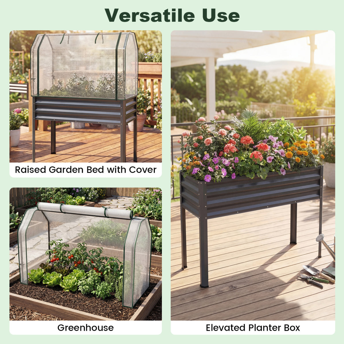 2 Pieces Galvanized Raised Garden Bed with Legs and Greenhouse Cover for Vegetable Flower-Gray